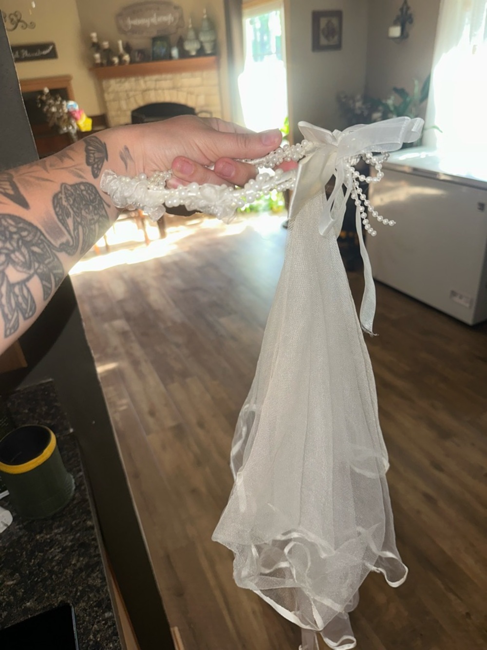 Pearl and Tulle Bridal Headpiece with Ribbon Bow for Mini Bride